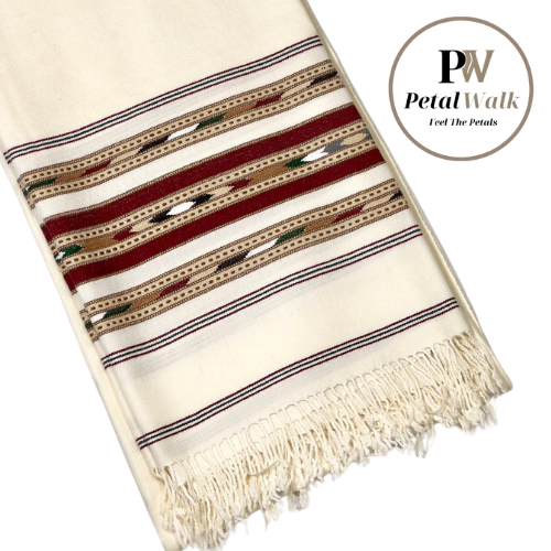 PetalWalk HALF WHITE Colour Pashmina  Wool Multiborder Shawl (48 Triple Count & 650gm)
