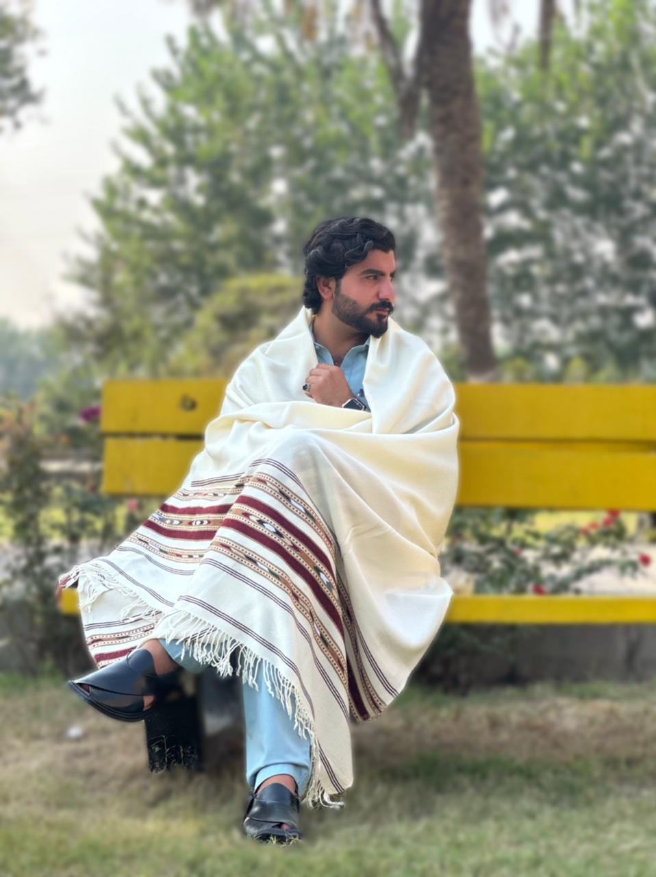 PetalWalk HALF WHITE Colour Pashmina  Wool Multiborder Shawl (48 Triple Count & 650gm)