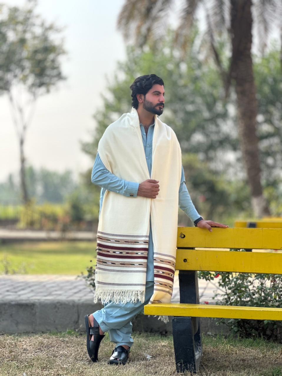 PetalWalk HALF WHITE Colour Pashmina  Wool Multiborder Shawl (48 Triple Count & 650gm)