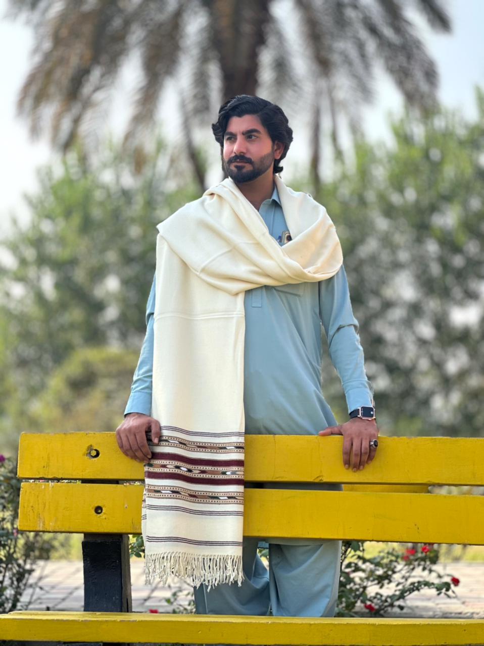 PetalWalk HALF WHITE Colour Pashmina  Wool Multiborder Shawl (48 Triple Count & 650gm)