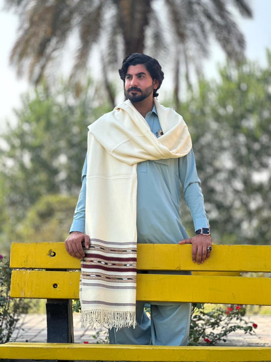 PetalWalk HALF WHITE Colour Pashmina  Wool Multiborder Shawl (48 Triple Count & 650gm)